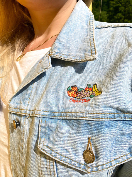 UK16 Embroidered denim jacket tropical fruits 90's