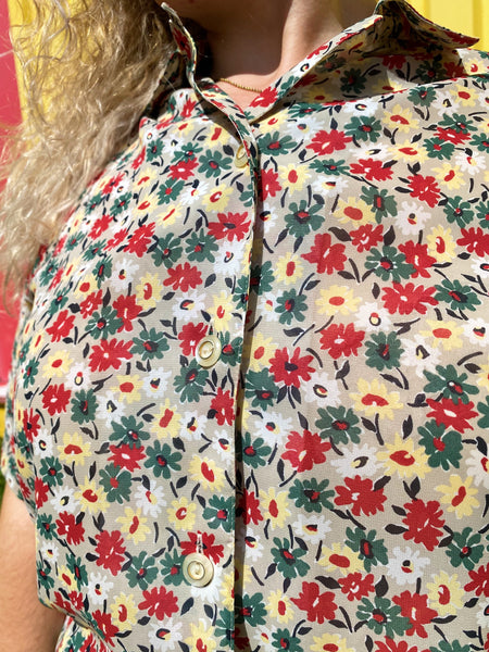 UK18 Semi sheer flower blouse 80's