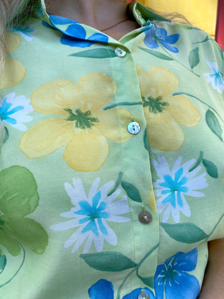 UK16 Green floral blouse viscose 80's