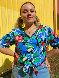 UK16 Floral blouse viscose 80's
